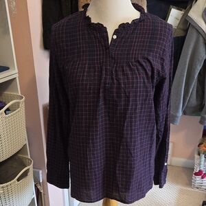 J Crew Mercantile Navy Plaid Long Sleeve Blouse, Size 10